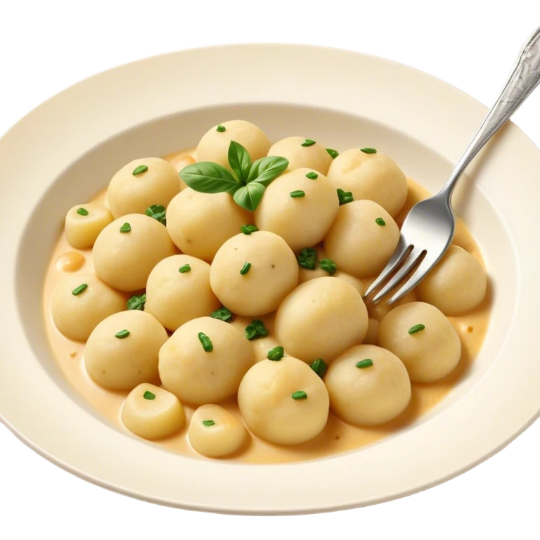 Gnocchi Cinematic Realistic Gnocchi Dish Emoji, depicted as tender potato dumplings garnished with iconic fork marks on top, rendered with soft textures and warm, inviting lighting. emoji