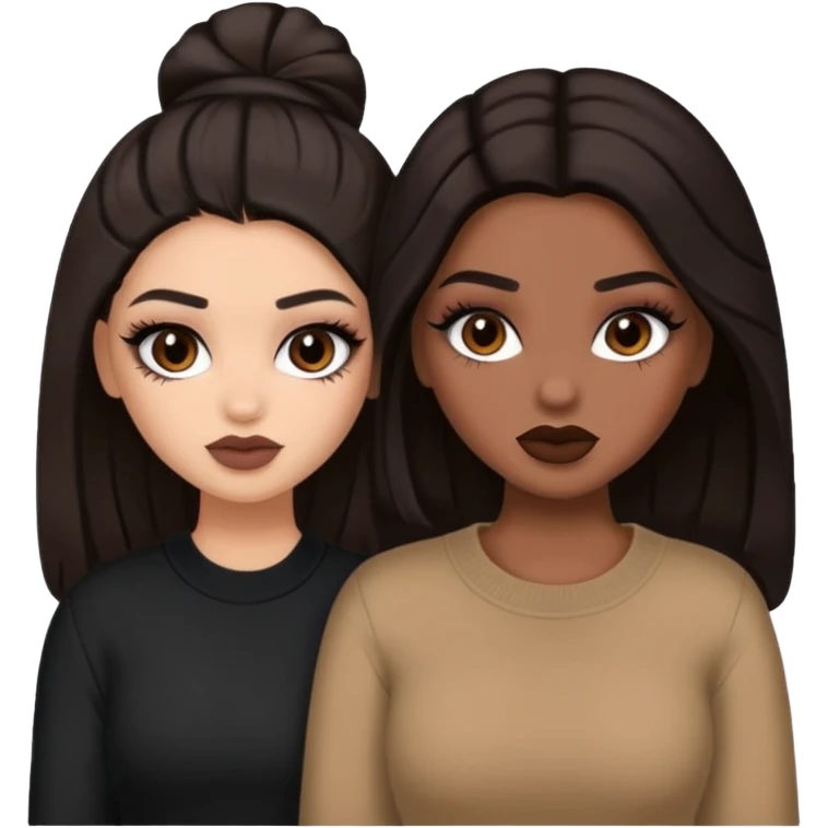 Boujy baddie best friends, trendy heavy makeup both dark hair one light skinned and one mocha brown  emoji