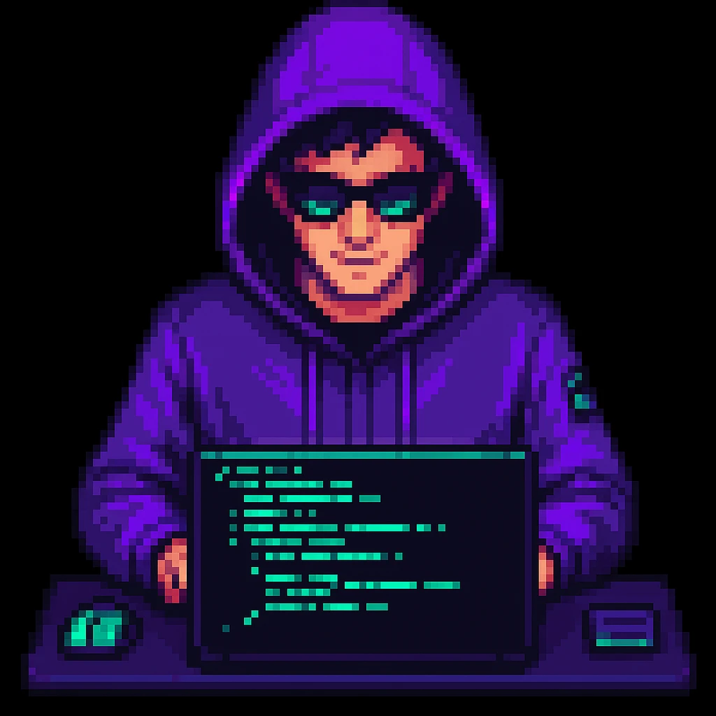 Make the pixel art hacker actively coding on a laptop, with glowing code on the screen, keep the pixel art style emoji