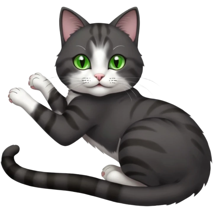 beautiful female solid dark grey cat with green eyes, white toes/paws and white patch on her chest playfully rolling upside down emoji