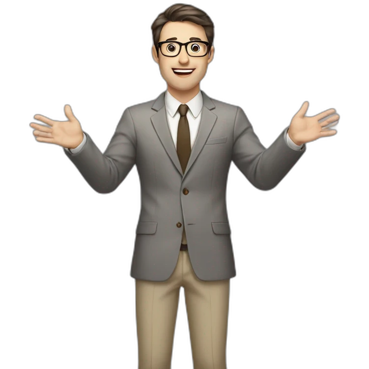 Full height Actively gesturing with hands Pale skinned fit man with dark brown hair in gray jacket, beige office shirt, brown tie, brown pants and vintage glasses. emoji