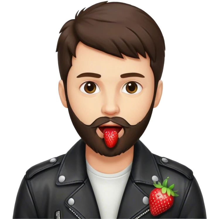 dressed with a black leather jacket, a brunette guy with a beard and toupee, with a strawberry in his mouth emoji