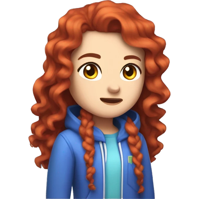 a white girl with long red curly hair, wearing periwinkle Minecraft hoodie playing a videogame emoji