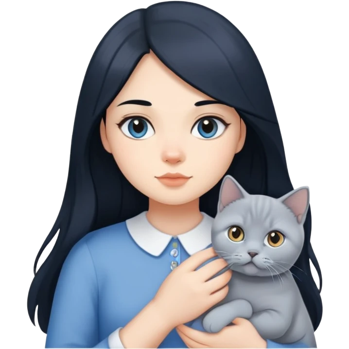 A girl with long black hair is holding a blue and white British shorthair emoji