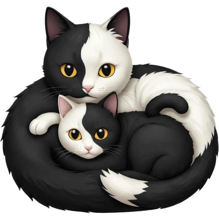 yin-yang symbol made of a black cat and a white cat, curled up together, peaceful expression, emoji style emoji