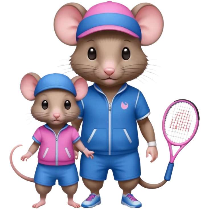 Male and baby female rat playing tennis one wearing blue the other wearing pink and the pink to be half the size of the blue emoji