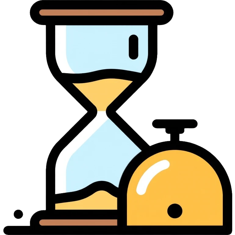 A small hourglass with just a little sand left at the bottom and a shining golden alarm bell next to it, representing a very short task emoji