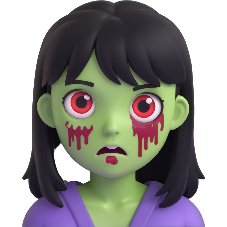 scary zombie girl emoji, medium long black hair with bangs, sunken eyes, scary expression emoji