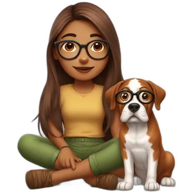 indian girl with long hair in specs with french mastiff on her lap emoji