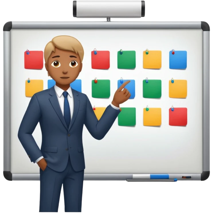 Create a realistic emoji of a person making some decisions in front of a grounp while standing in a office. the team is sitting while the leader stands next to a white board emoji