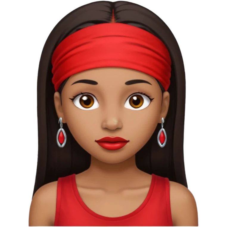 light-skinned black girl with very long eyelashes with long strait dark brown hair with edges wearing a red top with no sleeves. and a red accessory on her head with nose and mouth piercings. emoji