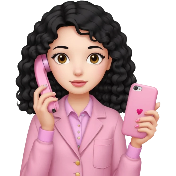 Girl with long curly black hair and vintage pastel pink clothing Holding a pink cell phone emoji