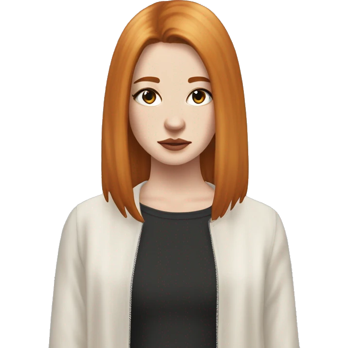 White fair skin, woman, feminine, straight hair in a wolf haircut, ginger coloured hair, grundge aesthetic, beautiful face, British, stylist, aesthetic emoji