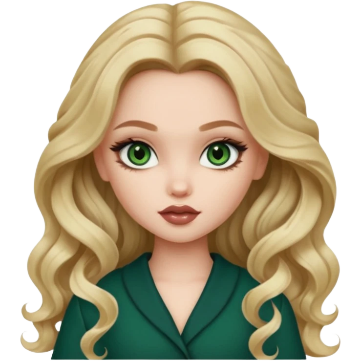 pale skin, girly bratz baddie, beautiful dark green eyes, bratz makeup, long dark blonde wavy hair emoji