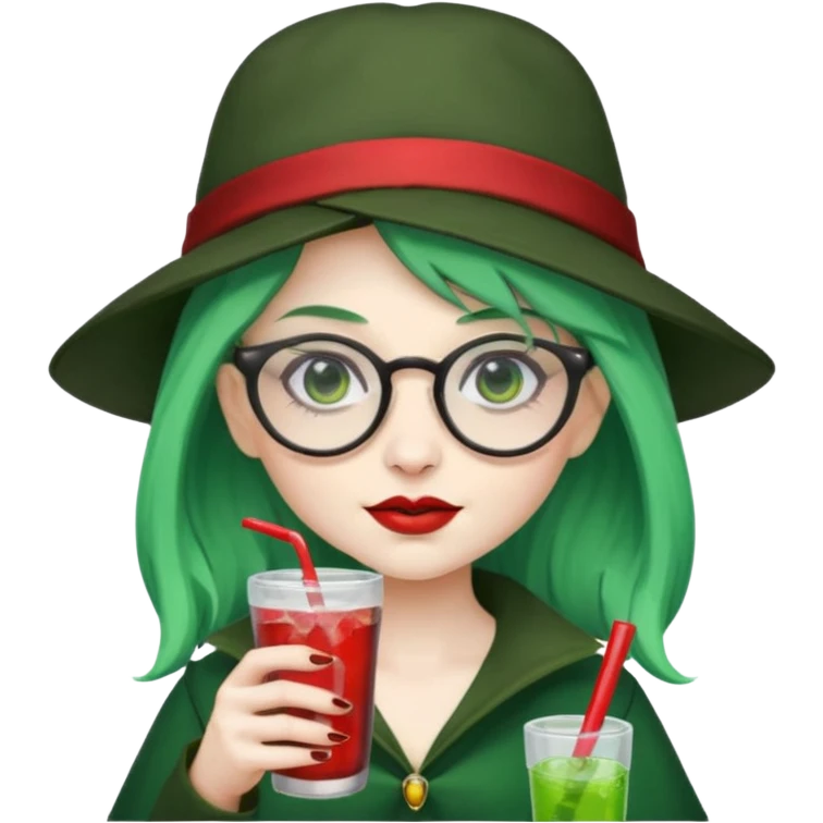vampire green hair Drink holders with hat, wearing glasses, female emoji