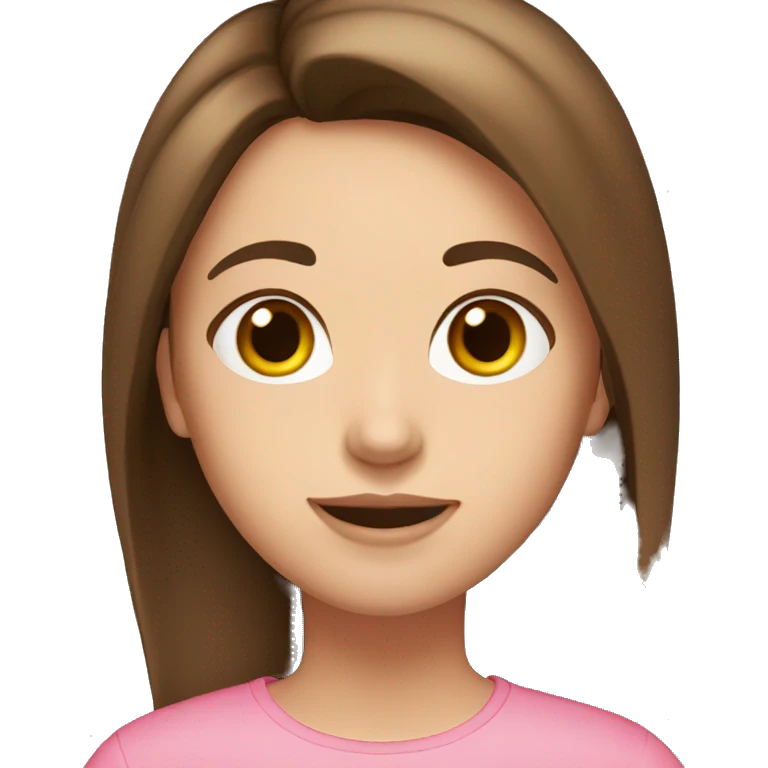 Girl, medium long length brown hair,  brown eyes, pink shirt, emoji