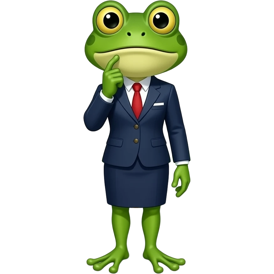 A frog, a female official, who is going to a meeting and stands in front of a road, thinking about how to cross it. Comedial. You can also see the road. emoji
