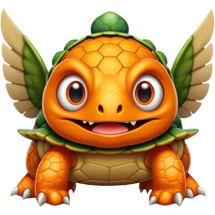 An orange creature with a lion face with fangs, alien googly eyes, claws, wings, with white dots, and a turtle shell. it looks strong. emoji