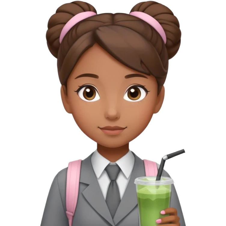 a cute face girl with brown one hair bun and a gray school uniforms and a black tie, she use a pastel pink bagpack and she brought a glass of matcha drink. emoji