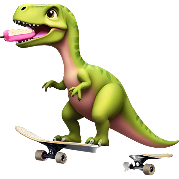 dinosaur on skateboard with pink skirt and pink bow eating a banana  emoji