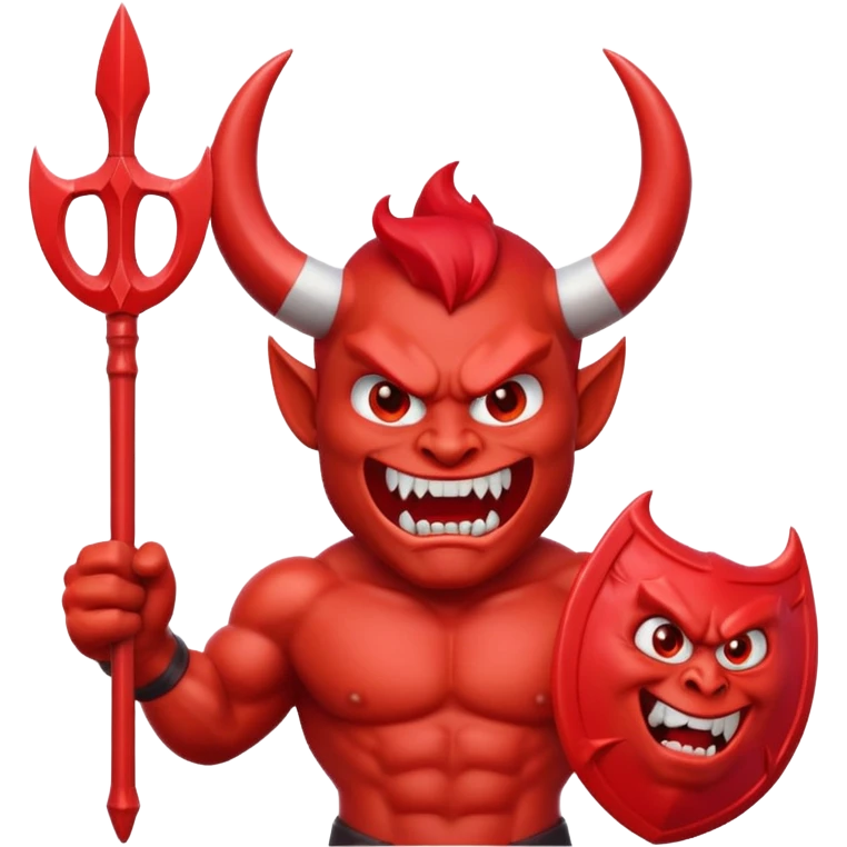 Red devil emoji, 3D cartoon style, muscular body, bright red skin, big curved white horns, angry face, sharp teeth smile, holding red trident, glossy emoji texture, centered character, GREEN SCREEN BACKGROUND, solid green color emoji