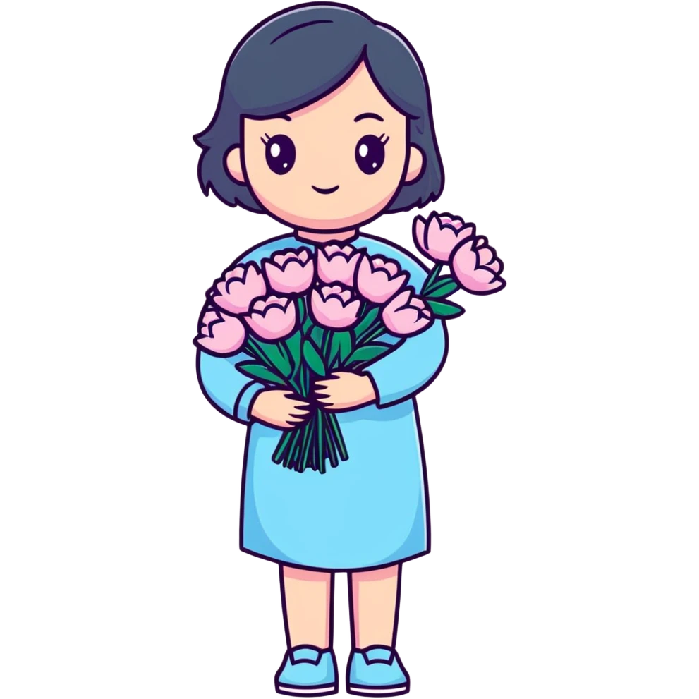 girl wearing pastel blue clothes holding a bouquet of pink flowers emoji