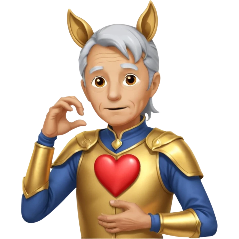 An elderly man with golden skin, his body shining like polished metal, wearing a horse cosplay costume with horse ears and a tail. He is making a heart shape with his hands and blushing slightly, showing a shy and embarrassed expression. emoji