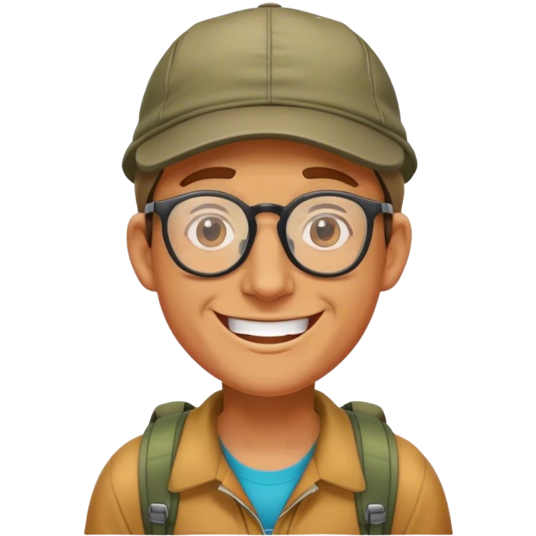 a hiker grinning wearing a cap and spectacles emoji