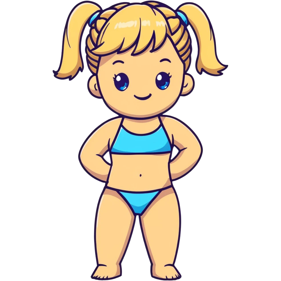 Cartoon blonde girl with pigtails, blue eyes, wearing a bikini, at the beach emoji