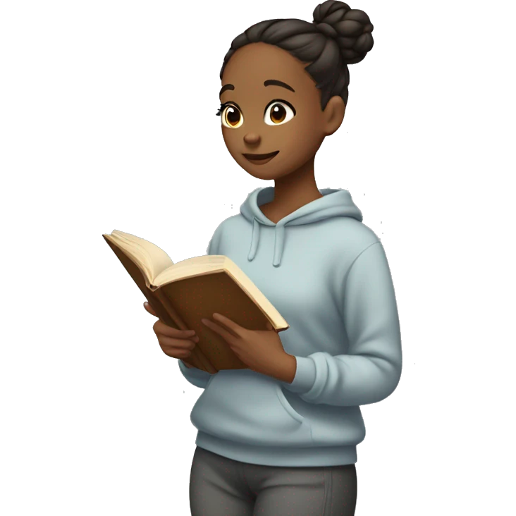 Girl with bun and in sweatshirt and sweatpants reading a book emoji