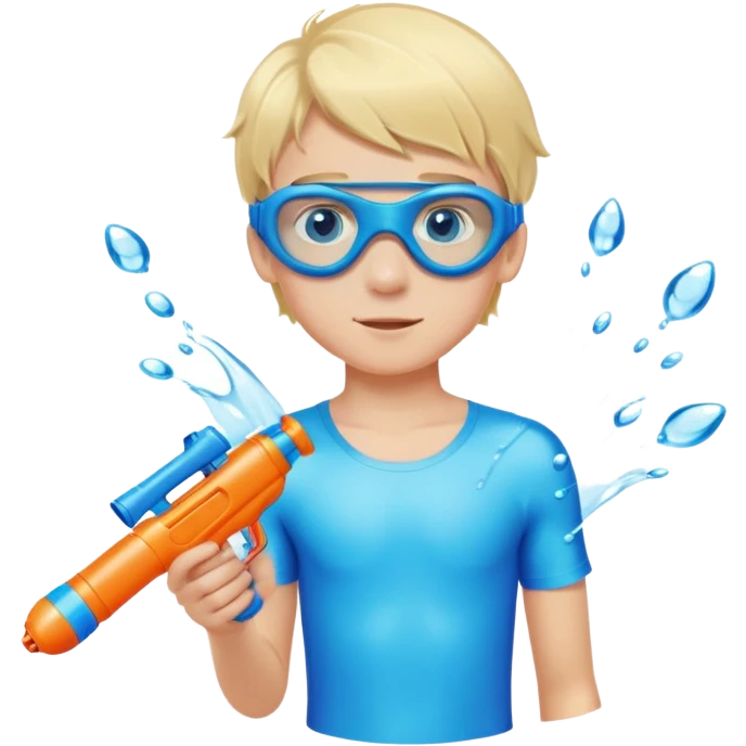 Blond 18 year old boy, with blue eyes, wearing swim goggles, normal clothes, holding a water gun emoji