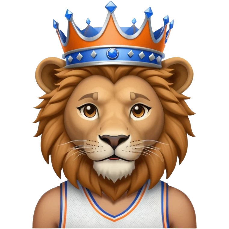A lion wearing a knicks basketball jersey and a blue crown on his head emoji