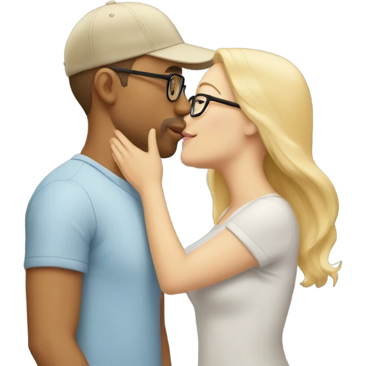 blonde woman with glasses and men with light skin and cap kissing emoji