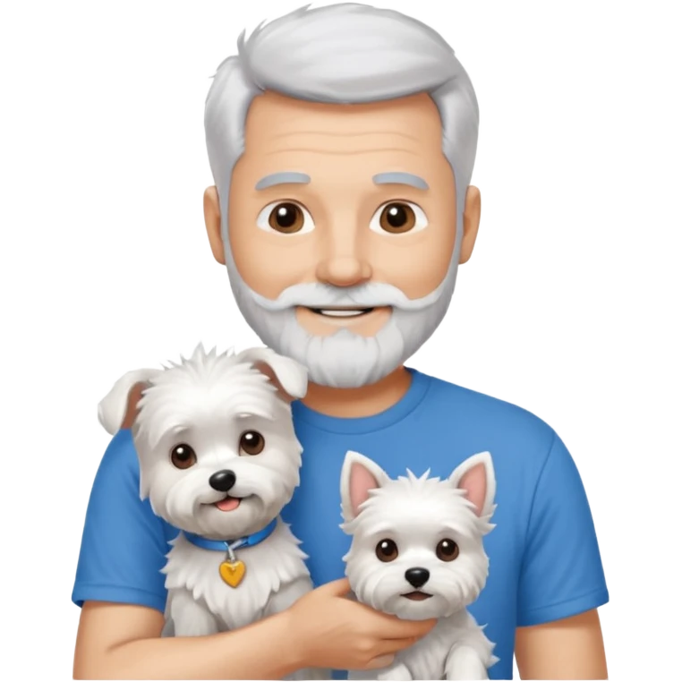 handsome gentleman, 60 years old, spiky crew cut silver hair, full beard, wearing a blue t-shirt, smiling and holding a maltese dog emoji