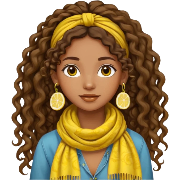 boho girl, brown skin, long curly brown hair tied up high at the back, lemon yellow scarf, round earrings emoji