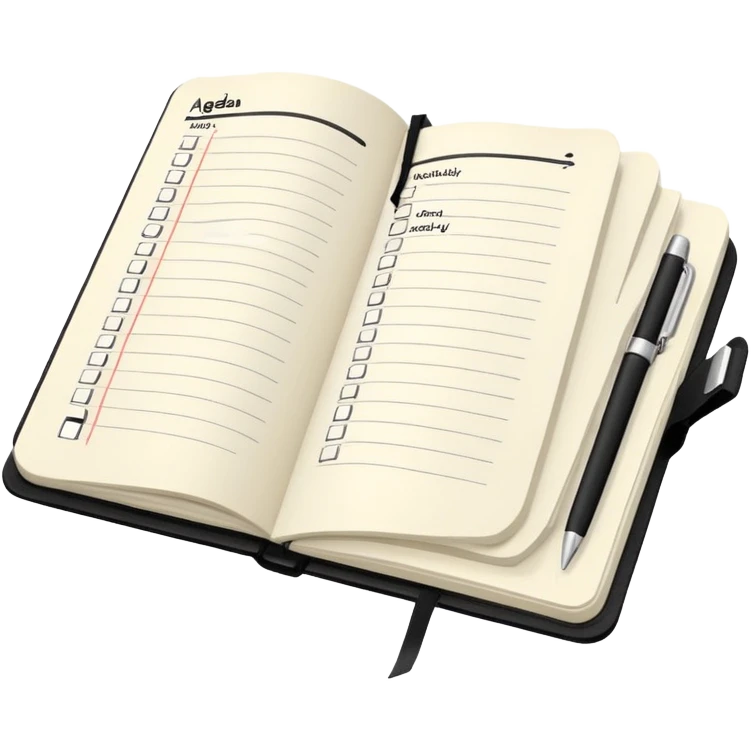 An open black Moleskine notebook with 'AGENDA' written in bold at the top of the page and meeting items with bullet points clearly visible below emoji