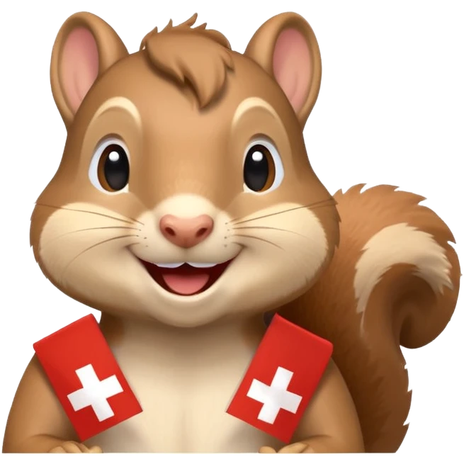 happy squirrel at a party, confetti everywhere, proudly displaying a Swiss flag, emoji style emoji
