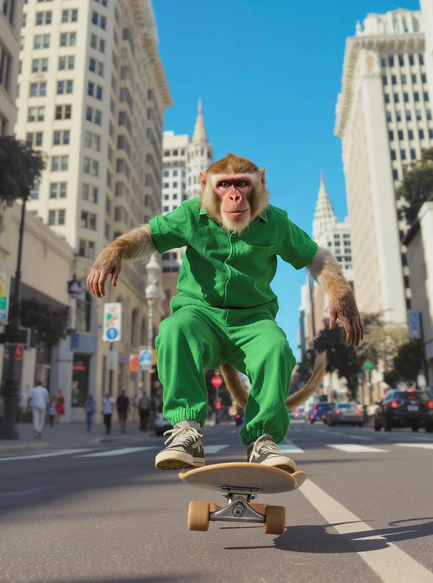 Cinematic still scane, Low angle medium shot, monkey dress in green outfit, monkey ride on skateboard, san francisno downtown with city lanscape, blue clean sky, captured by ARRI Alexa XT, soft cinematic lightning emoji