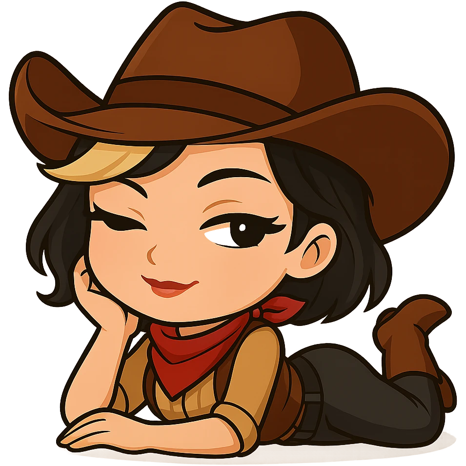 Sexy chibi cowgirl with short hair and a blonde streak, wearing a cowboy hat and western outfit, no guns. Chibi/anime style, transparent background, sized for Twitch or Discord use. Pose: lying on her side, head propped on hand, sultry smile. emoji