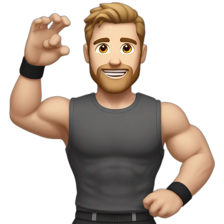 Close up Actively gesturing  with hands Pale skinned Fit Man With the biceps and brown hair in dark gray Sleeveless Mike, black oversize sports shorts, watch and white Sneakers emoji