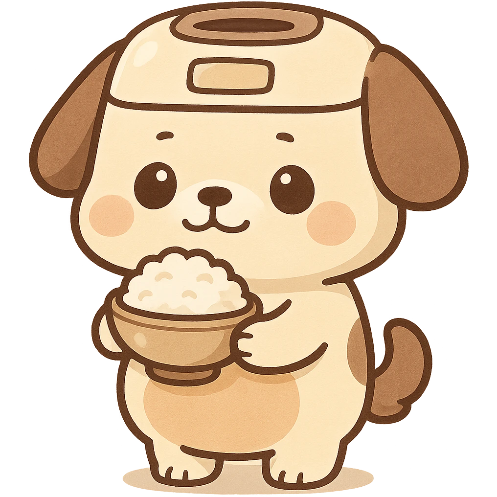 chibi rice cooker dog with a round belly, holding a rice bowl, soft cream and brown tones, full-body emoji