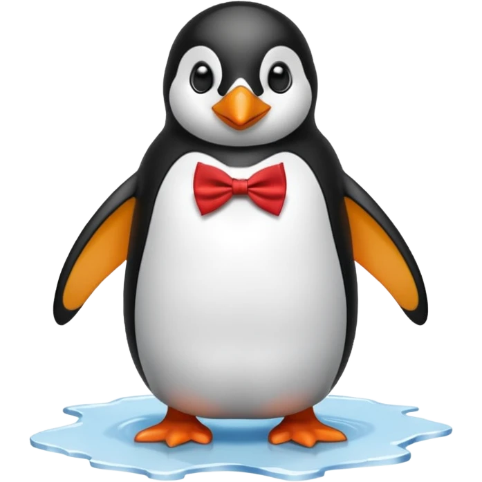 penguin, red bow tie, standing on small ice melting emoji