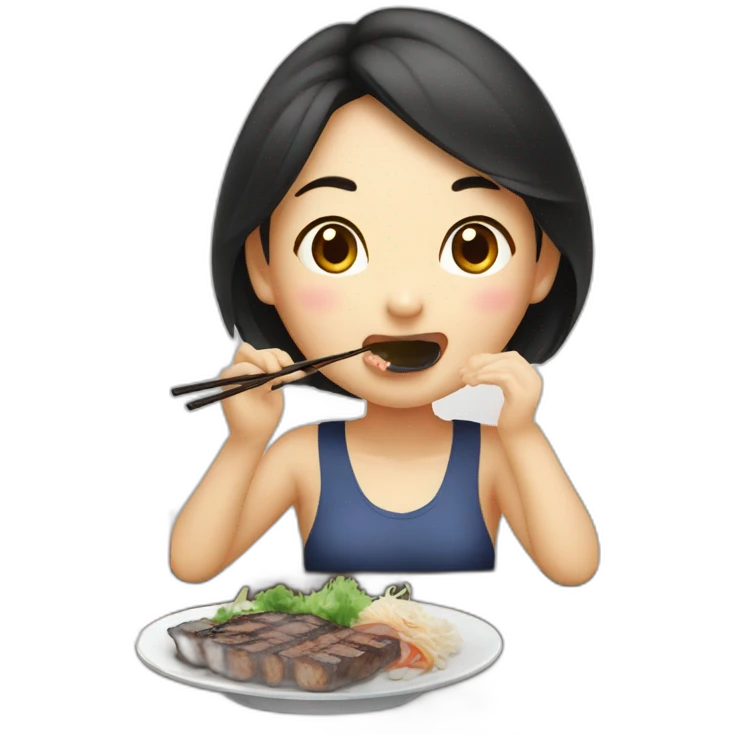 An Asian girl eating Korean bbq and soju emoji