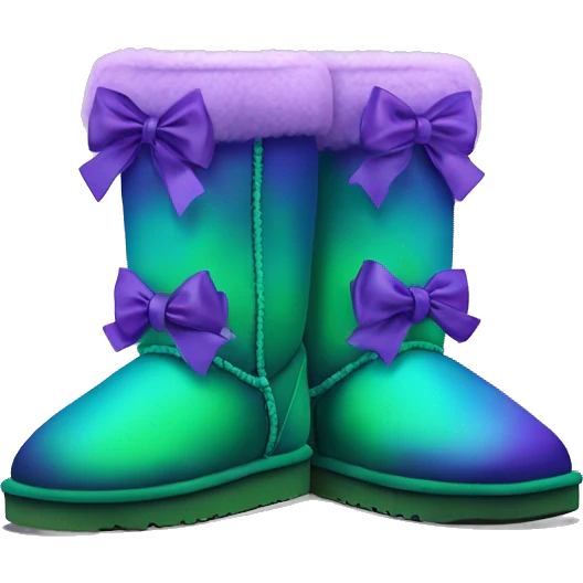 Realistic pair of green to purple ombre Ugg fur boots with silk ribbon bows. emoji