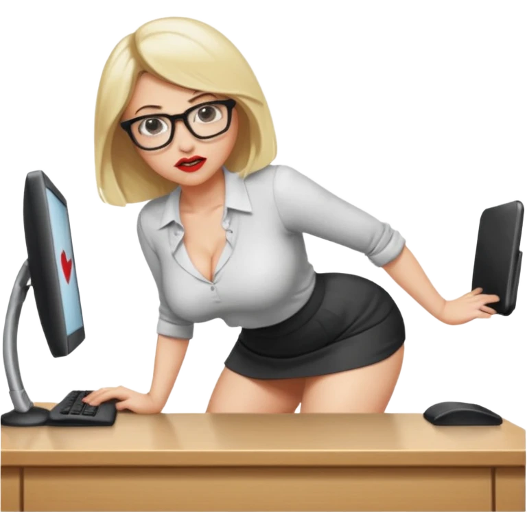 Blond lady.big boobs.glasses.short skirt.no shirt .cleavage .red lipstick .bending over desk.being horny emoji