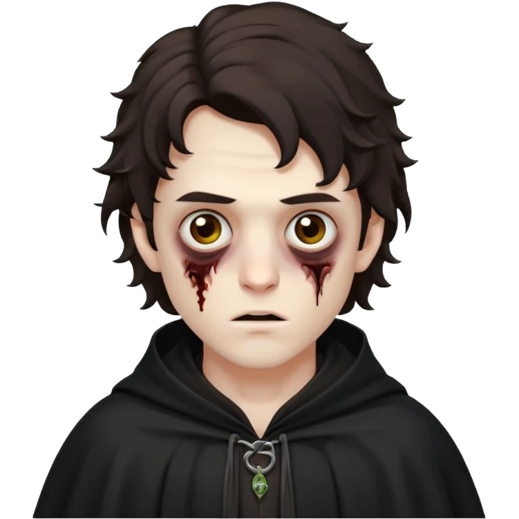 это должен быть юноша, одет в черную мантию, глаза цвета хамелион, но более коричневые, выглядит как зомби и еще длинные немножко кудрявые волосы темно коричневого цвета emoji