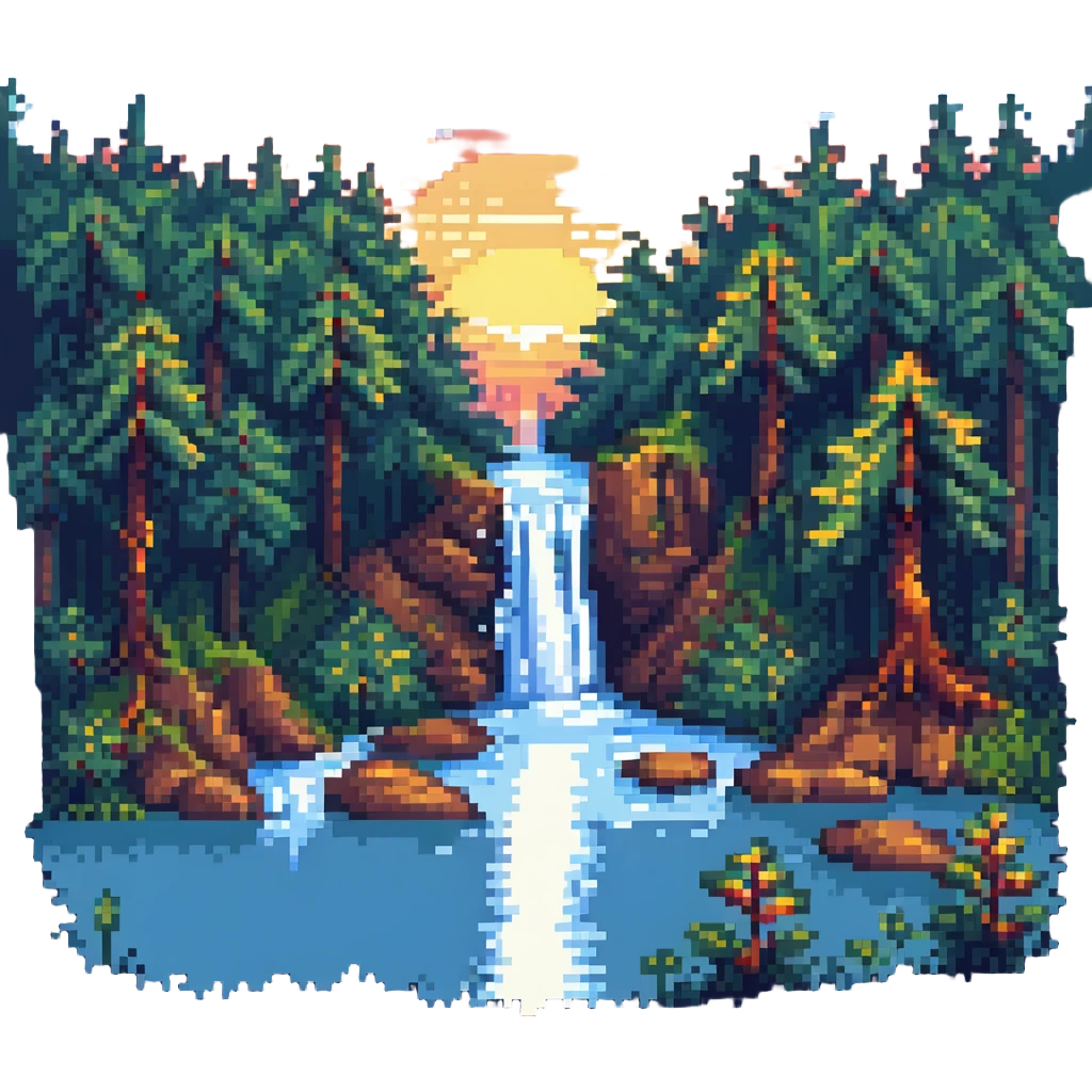 sunrise with a waterfall and forest, pixel art style emoji