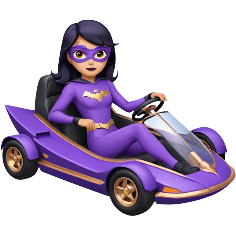 Hot full size real-appearance racing action BatGirl’s Lego feminine midnight-purple tight outfit sixty’s tv show 1992 stealthy retro sporty petite off-road pursuit hovering hover cruiser car rose gold accents (black hair,reclined and relaxed seating position) go kart emoji