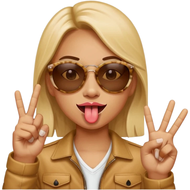 A human doing a peace sign while sticking their tongue out wearing sunglasses emoji