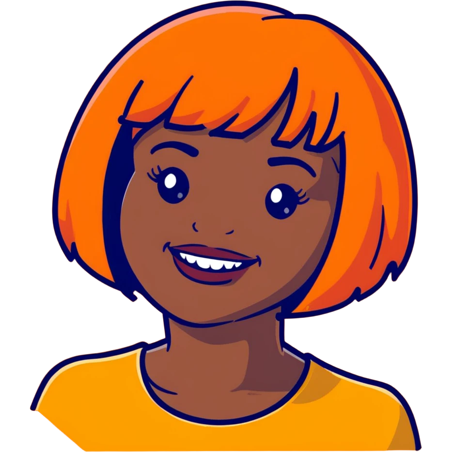 dark skinned Black woman with orange bob wig like Chucky's hair, visible plaque on her teeth emoji